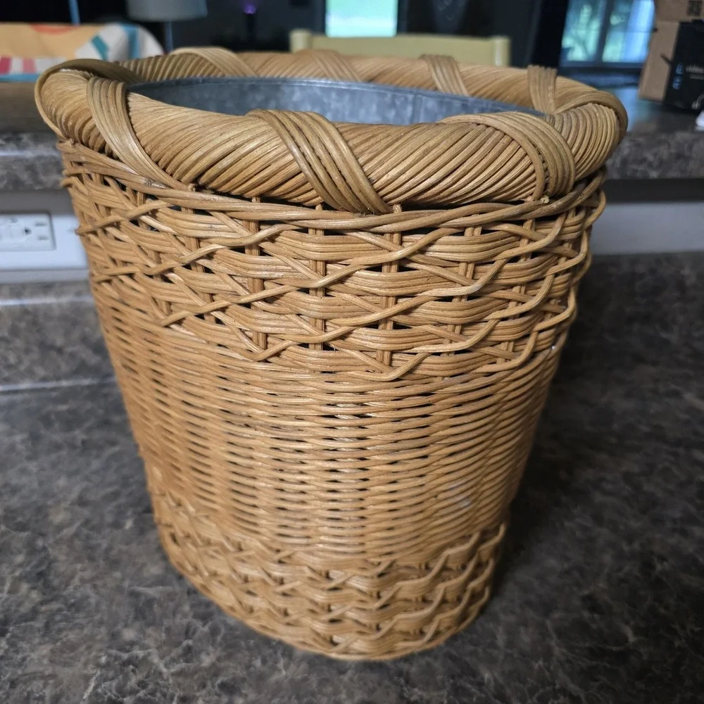 Rattan Wicker Wastebasket planter Metal Liner Braided Rim Boho Natural Brown